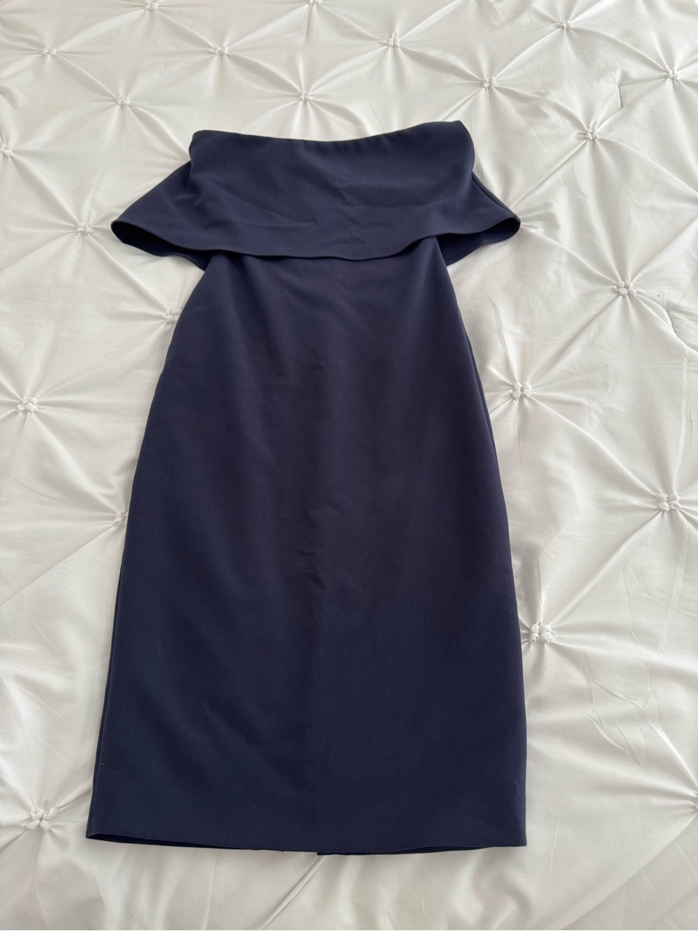 NWT LIKELY  Driggs Sheath Dress Navy Off Shoulder Foldover Midi Cocktail - Picture 8 of 15
